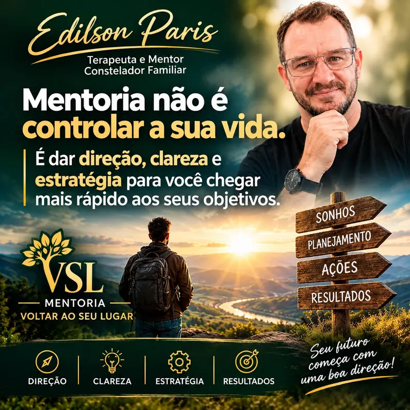 Arte da Mentoria VSL: mentoria é dar direção, clareza e estratégia; Edilson com a mão no queixo e uma placa com sonhos, planejamento, ações e resultados